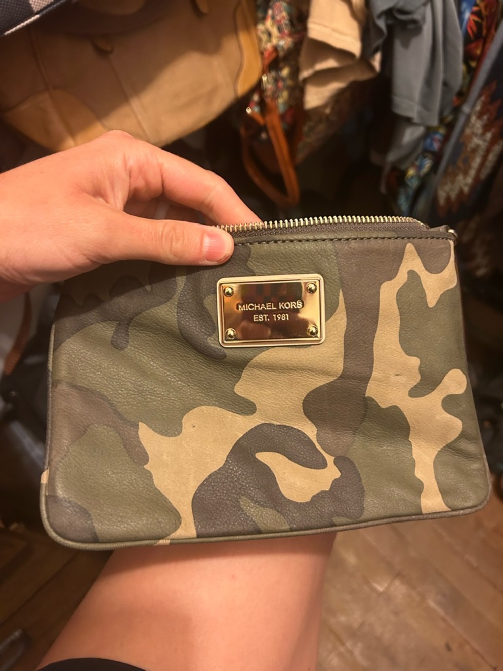 Michael Kors Green Camo Satchel and Wristlet with Pale Pink Trim - Picture 8 of 11
